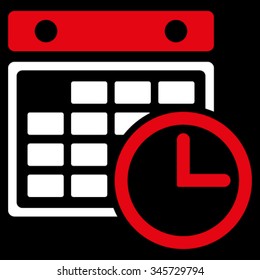 Timetable vector icon. Style is bicolor flat symbol, red and white colors, rounded angles, black background.