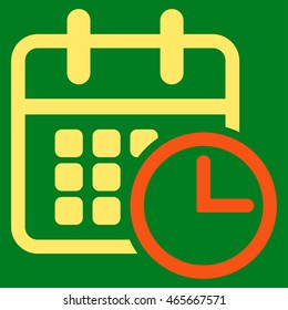 Timetable vector icon. Style is bicolor flat symbol, orange and yellow colors, rounded angles, green background.