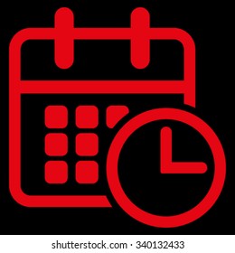Timetable vector icon. Style is flat symbol, red color, rounded angles, black background.