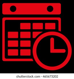 Timetable vector icon. Style is flat symbol, red color, rounded angles, black background.