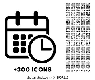 Timetable vector pictogram with additional 300 date and time management icons. Style is flat symbols, black color, rounded angles, white background.