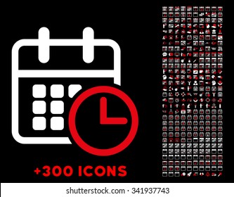 Timetable vector pictogram with additional 300 date and time management icons. Style is bicolor flat symbols, red and white colors, rounded angles, black background.