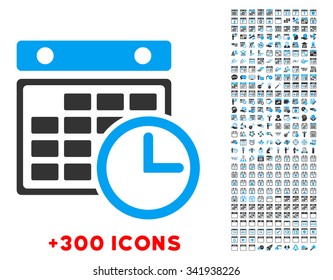 Timetable vector pictogram with additional 300 date and time management icons. Style is bicolor flat symbols, blue and gray colors, rounded angles, white background.
