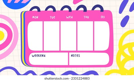Timetable, weekly agenda template for school, university. Cute hand drawn doodle organizer with trendy abstract elements, rainbow, line, swirls. Cartoon style educational background for pupil, student