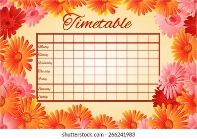 Timetable weekly schedule with gerberas school timetable vector illustration 