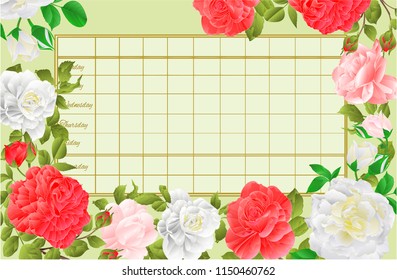 
Timetable weekly schedule with pink and  white Roses  vintage vector Illustration editable hand draw