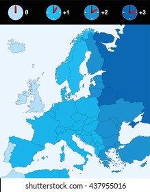 TimeTime zones of Europe, standard time. Four clocks with difference in time - in the same colors as the concerned countries.