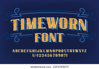 Timeworn alphabet font. Vintage letters and numbers. Vector typeface for your typography design.