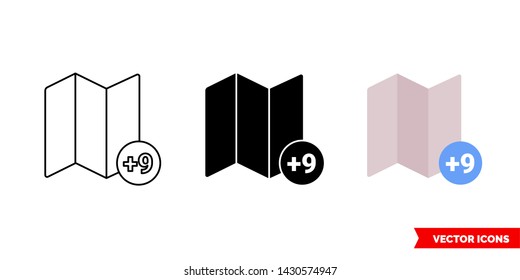 Timezone +9 icon of 3 types: color, black and white, outline. Isolated vector sign symbol.