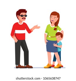 Timid Kid Hiding Behind Mother Afraid Of Flirting Adult Man With Moustache Wearing Sunglasses. Single Parent Mother With Scared Son Talking To Stranger. Flat Style Vector Isolated Illustration