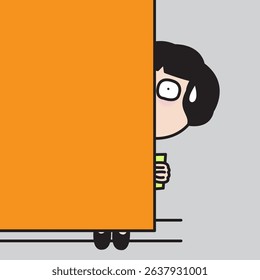 A Timid Young Woman Is Hiding Behind Wall Concept Card Character illustration