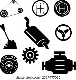 Timing Belt, Gear Stick, Engine, Steering Wheel, Brake Pads, Exhaust Pipe and Grinding Gear Car Spare Parts Icon Set