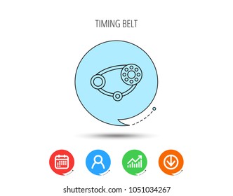 Timing belt icon. Generator strap sign. Repair service symbol. Calendar, User and Business Chart, Download arrow icons. Speech bubbles with flat signs. Vector