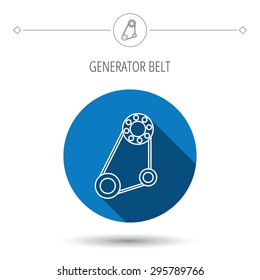 Timing belt icon. Generator strap sign. Repair service symbol. Blue flat circle button. Linear icon with shadow. Vector