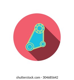 Timing belt icon. Generator strap sign. Repair service symbol. Red flat circle button. Linear icon with shadow. Vector