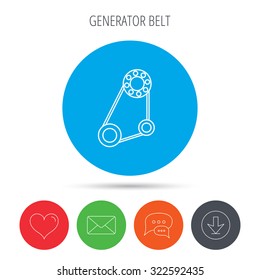 Timing belt icon. Generator strap sign. Repair service symbol. Mail, download and speech bubble buttons. Like symbol. Vector