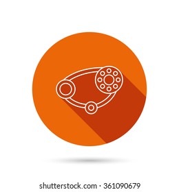 Timing belt icon. Generator strap sign. Repair service symbol. Round orange web button with shadow.