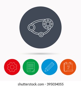 Timing belt icon. Generator strap sign. Repair service symbol. Calendar, cogwheel, document file and pencil icons.
