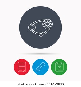 Timing belt icon. Generator strap sign. Repair service symbol. Calendar, pencil or edit and document file signs. Vector