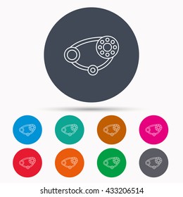 Timing belt icon. Generator strap sign. Repair service symbol. Icons in colour circle buttons. Vector