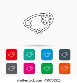 Timing belt icon. Generator strap sign. Repair service symbol. Linear icons in squares on white background. Flat web symbols. Vector