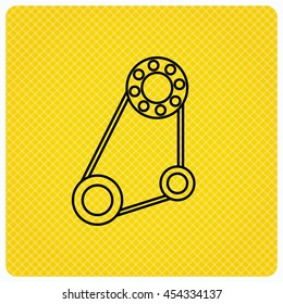 Timing belt icon. Generator strap sign. Repair service symbol. Linear icon on orange background. Vector