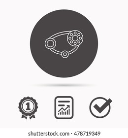 Timing belt icon. Generator strap sign. Repair service symbol. Report document, winner award and tick. Round circle button with icon. Vector