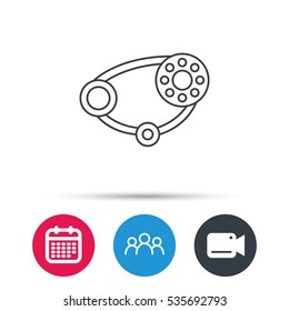Timing belt icon. Generator strap sign. Repair service symbol. Group of people, video cam and calendar icons. Vector