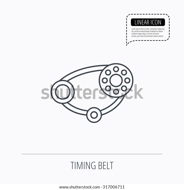 Timing\
belt icon. Generator strap sign. Repair service symbol. Linear\
outline icon. Speech bubble of dotted line.\
Vector