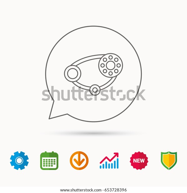 Timing belt icon. Generator strap sign. Repair\
service symbol. Calendar, Graph chart and Cogwheel signs. Download\
and Shield web icons.\
Vector