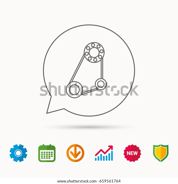 Timing belt icon. Generator strap sign. Repair
service symbol. Calendar, Graph chart and Cogwheel signs. Download
and Shield web icons.
Vector