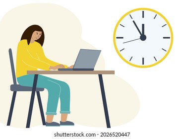 Timing concept in work or training. Vector illustration of a woman in a workspace with a laptop