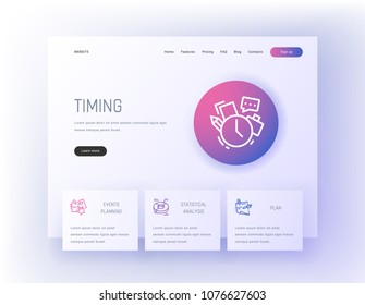 Timing, Events planning, Statistical analysis, Plan Landing page template. Template for website design.