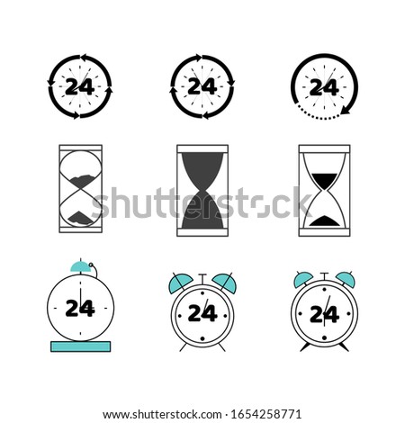 Timing icon. Consists of analog alarm clock, hourglass and digital clock. This clock icon is in vetor form. Clock icon with black lines and white background.