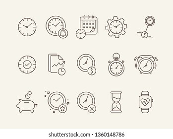 Timing line icon set. Clock, watch, gear, calendar. Time concept. Can be used for topics like time limit, schedule, time is money
