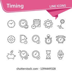 Timing line icon set. Clock, watch, gear, calendar. Time concept. Can be used for topics like time limit, schedule, time is money