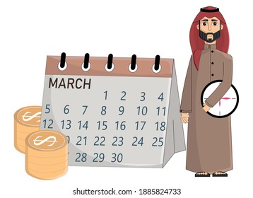 Timing and project scheduling. Arab businessman character. vector Saudi character.
