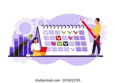 Timing and project scheduling. Concept of time management, work planning method, organization of daily goals and accomplishments. Vector illustration. Isolated flat.