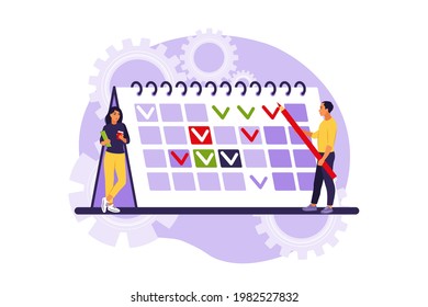 Timing and project scheduling. Concept of time management, work planning method, organization of daily goals and accomplishments. Vector illustration. Isolated flat.