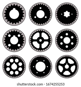 Timing pulley. Crankshaft sprocket. Silhouette icons