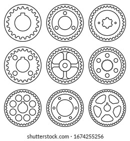 Timing pulley. Crankshaft sprocket. Thin line icons