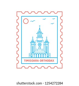 TIMISOARA ORTHODAX postage stamp Blue and red Line Style, vector illustration