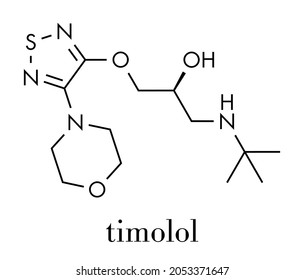Timolol beta-adrenergic receptor antagonist drug molecule. Used in treatment of glaucoma, migraine, hypertension, etc. Skeletal formula.