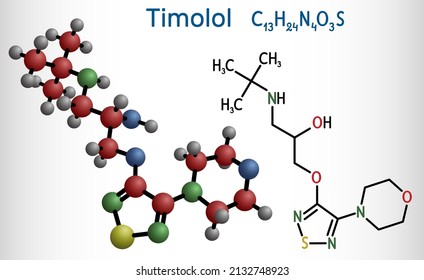 Timolol, Molecule. It Is Non-selective Beta Blocker Medication For Treatment Of Elevated Intraocular Pressure In Ocular Hypertension Or Glaucoma. Structural Chemical Formula, Molecule Model. Vector 