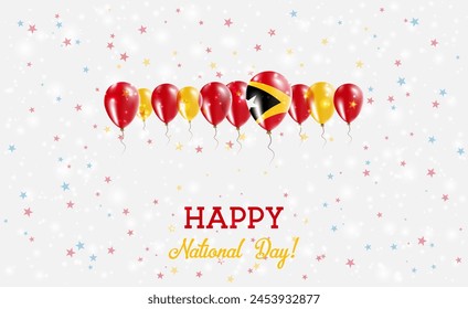 Timor Leste East  Independence Day Sparkling Patriotic Poster. Row of Balloons in Colors of the Timorese Flag. Greeting Card with National Flags, Confetti and Stars.