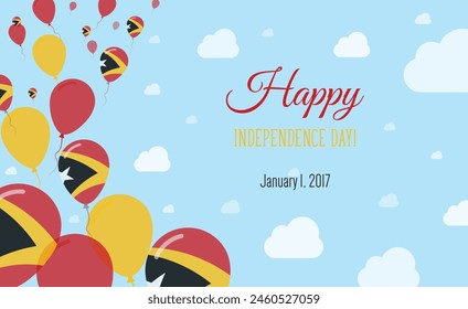 Timor Leste East  Independence Day Sparkling Patriotic Poster. Row of Balloons in Colors of the Timorese Flag. Greeting Card with National Flags, Blue Skyes and Clouds.