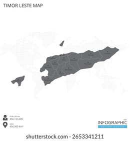 Timor Leste or East Timor map high detailed with regions and cities of the country on white background. Vector illustration EPS10.
