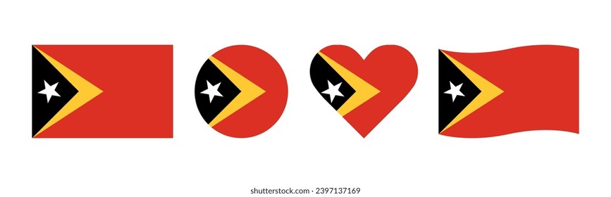 Timor Leste flag design package. Asian continent country flags. Flat design flags with rectangular, round, love and wavy shapes