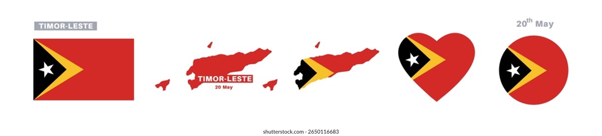 timor leste flag and map set. timor leste flag in official colors and proportions. independência dia 20 de maio , mapa, círculo e coração em forma timor leste