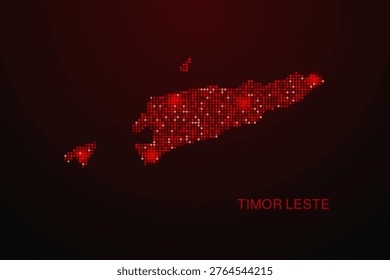 Timor Leste Map - Digital dotted map with glowing red points on dark background, modern technology style, abstract data network design, clean minimal vector illustration.